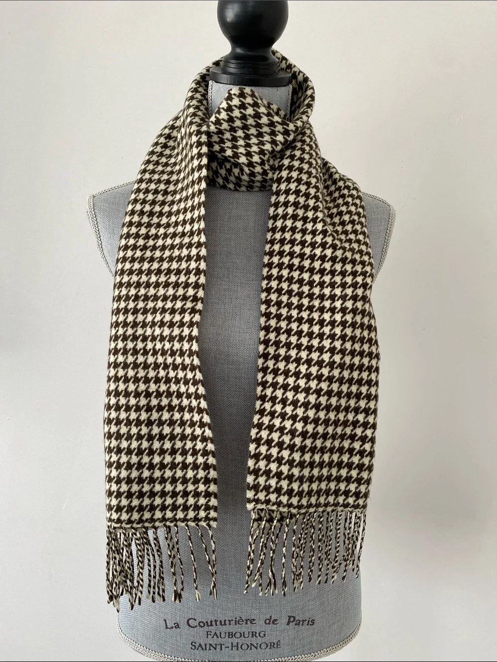 VTG Scotland Made Houndstooth Cashmere Scarf Brown & Cream Soft Academia Preppy